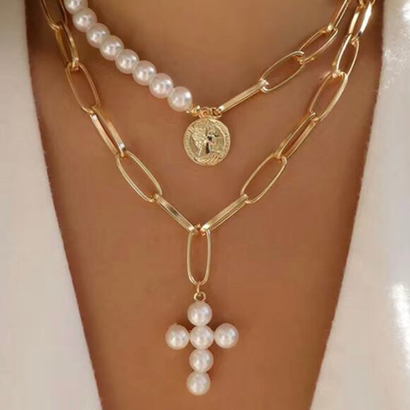 Chunky Chain Pearl Gold Necklace Cross Coin - Picture 2 of 2